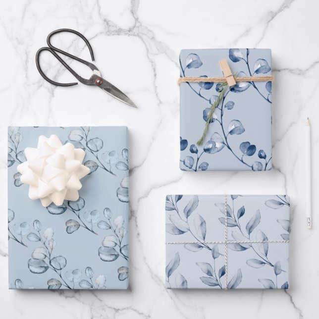 Feuille De Papier Cadeau Dusty Blue Elegant Eucalyptus Mariage cadeau (Recto)