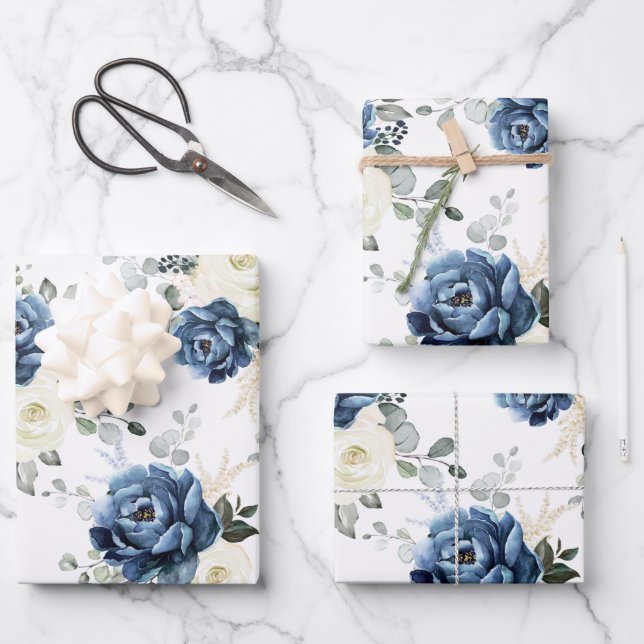 Feuille De Papier Cadeau Dusty Blue Navy Champagne Ivory Floral Mariage (Recto)