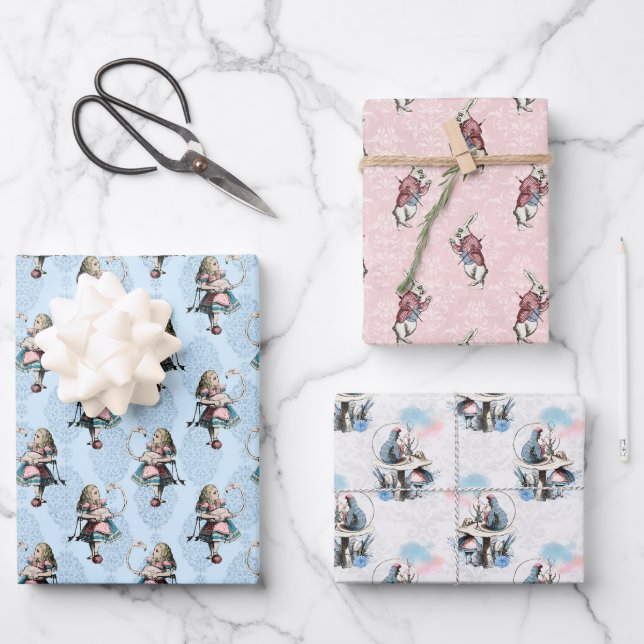 Feuille De Papier Cadeau Dusty Blue & Pink Alice in Wonderland Baby shower (Recto)