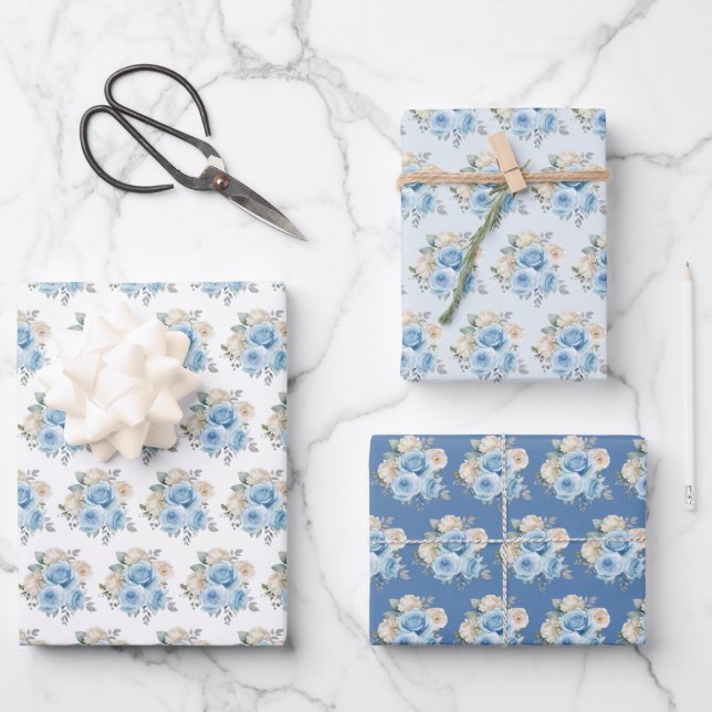 Feuille De Papier Cadeau Dusty Blue Silver Elegant Flowers (Recto)