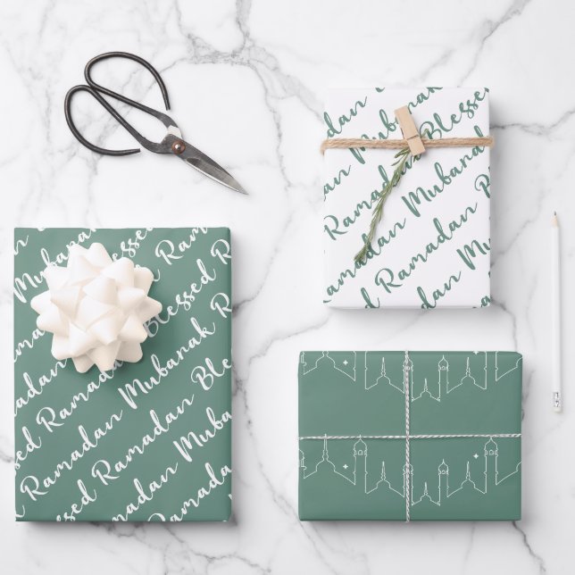 Feuille De Papier Cadeau Dusty Green Ramadan Calligraphie Motif Masjid (Recto)