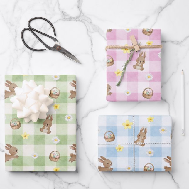 Feuille De Papier Cadeau Easter Bunny Gingham Wrapping Paper Sheets (Recto)