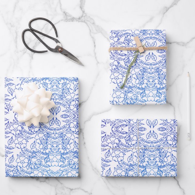 Feuille De Papier Cadeau Eau florale blanche et bleue élégante (Recto)