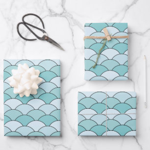 Feuille De Papier Cadeau Écailés de dragon, éventails, vagues, Seigaiha, Bl