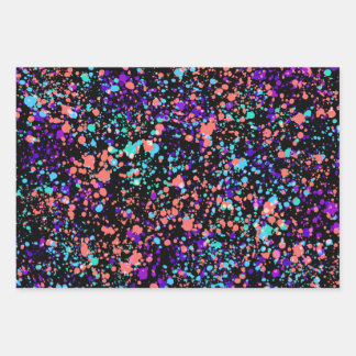 Feuille De Papier Cadeau éclaboussures de peinture| corail vert violet sur