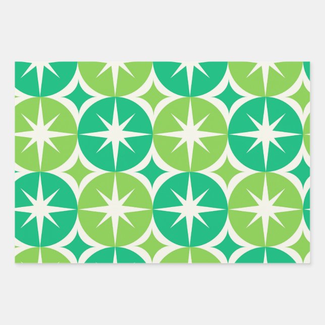 Feuille De Papier Cadeau Éclats de milieu de siècle sur des cercles vert ja (Devant)