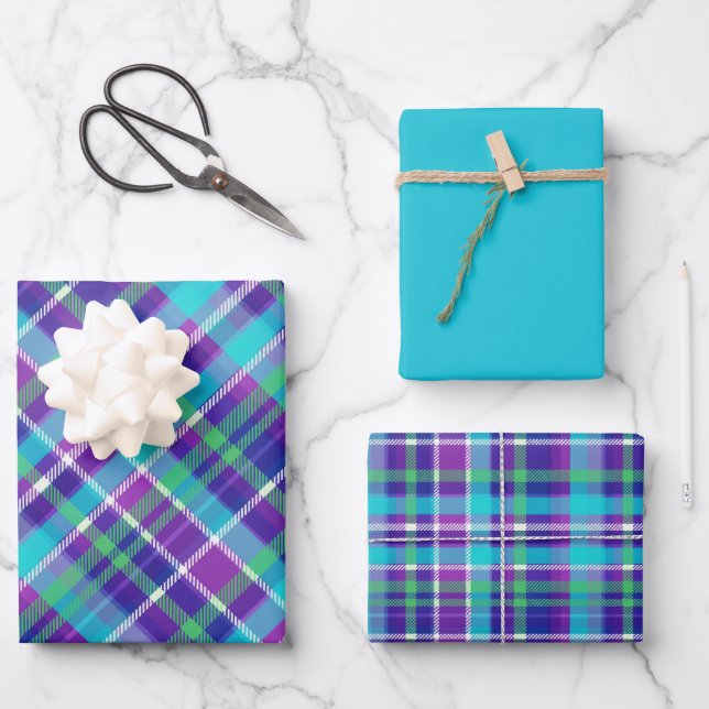 Feuille De Papier Cadeau Écossais violet, fuchsia, aqua, vert, bleu et blan (Recto)