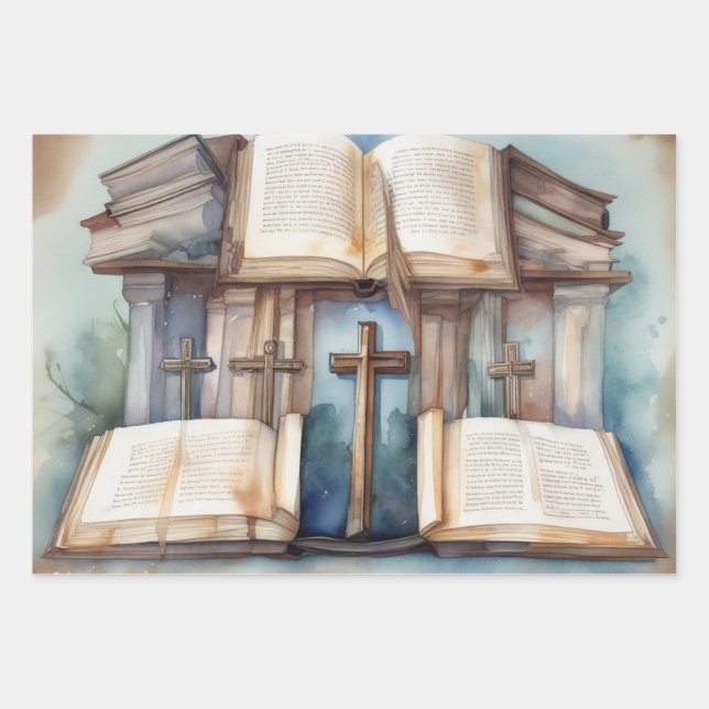 Feuille De Papier Cadeau Écritures sacrées & Croix (Devant)