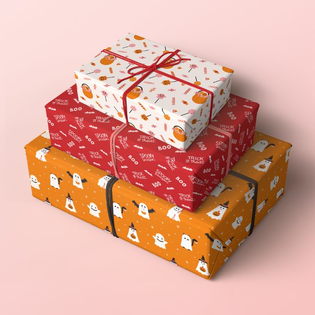 Feuille De Papier Cadeau Éffrayant Cute Trick ou traiter Motifs d'Halloween (Set of 3 Trick or Treat Halloween Patterns in Orange, Red and Pastel Pink)