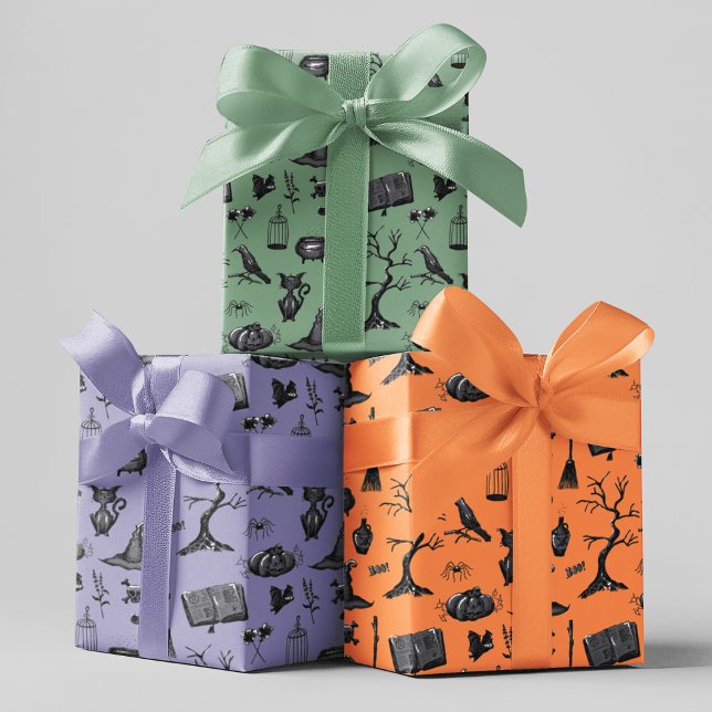 Feuille De Papier Cadeau Éffrayant Spells Halloween Anniversaire de enfant  (Spooky Kids Halloween Wrapping Paper in Orange, Purple, Green. Pumpkin, Cat, Bat, Raven, Spellbook)