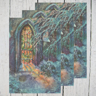Feuille De Papier Cadeau Eglise de Noël vintage avec vitre en verre