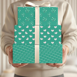 Feuille De Papier Cadeau Eid Moubarak Enfants Étoile Verte Motif de Cœurs C