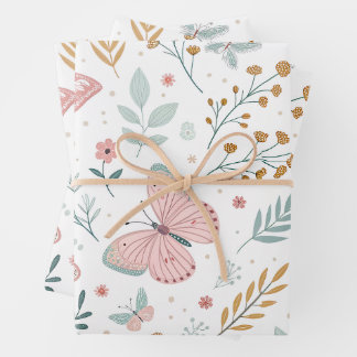 Feuille De Papier Cadeau Élégance Florale Papillon Jardin Botanique Pastel
