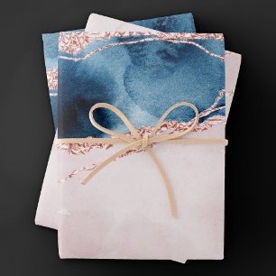 Feuille De Papier Cadeau Élégance mystique   Turquoise Bleu et Rose Or Agat