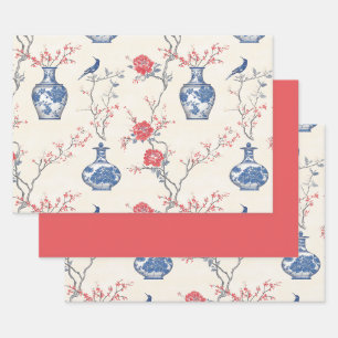 Feuille De Papier Cadeau Elégance orientale : Porcelaine bleue et fleurs