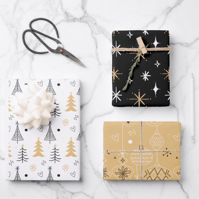 Feuille De Papier Cadeau Élégant arbre de Noël moderne Motif noir blanc (Recto)