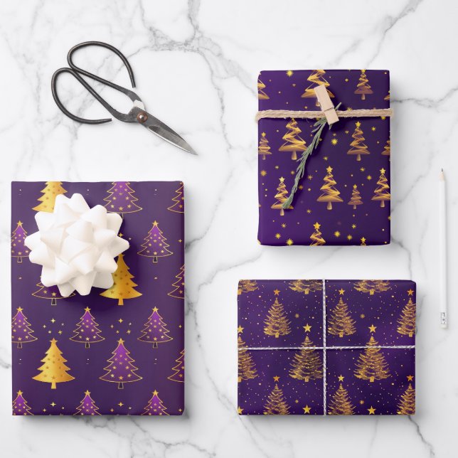Feuille De Papier Cadeau Élégant arbre de Noël violet et or (Recto)