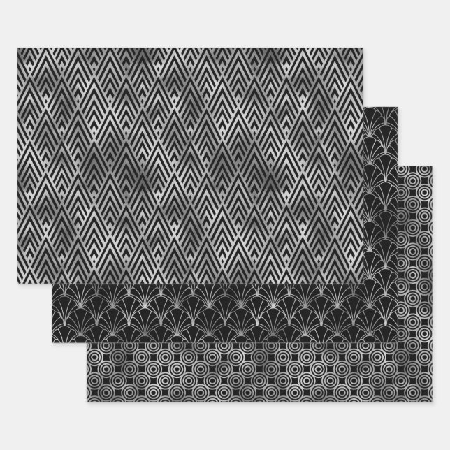 Feuille De Papier Cadeau Elegant Art Deco Silver Patterns (Lot)