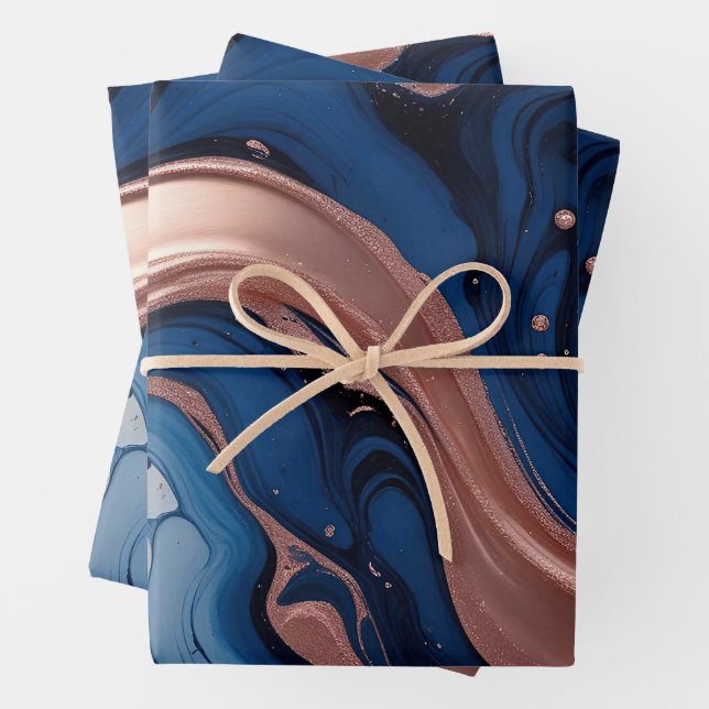 Feuille De Papier Cadeau Elégant art fluide avec cuivre et perruques bleues (En situation)