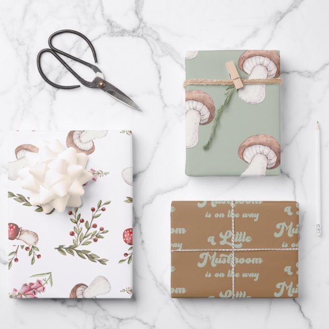 Feuille De Papier Cadeau Elégant Baby shower de champignons aquarelles (Recto)