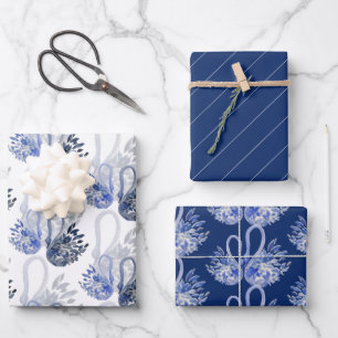 Feuille De Papier Cadeau Elégant Beau Swan En Aquarelle bleu Indigo
