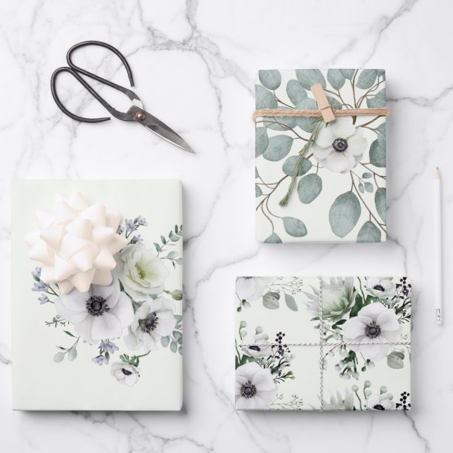 Feuille De Papier Cadeau Élégant blanc Anémone Protea Eucalyptus Romantique (Recto)