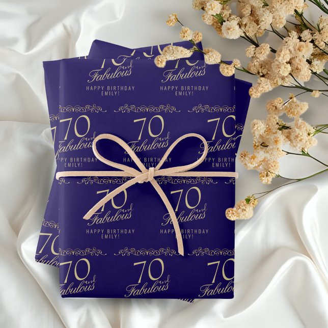 Feuille De Papier Cadeau Elégant bleu 70 et fabuleux 70e anniversaire (Créateur téléchargé)