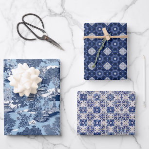 Feuille De Papier Cadeau Élégant bleu blanc saules chinoiserie toile