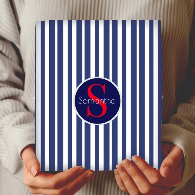 Feuille De Papier Cadeau Élégant bleu marine rouge rayé monogramme initial (Créateur téléchargé)