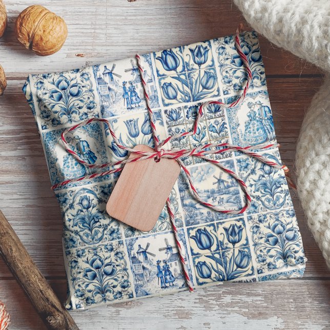 Feuille De Papier Cadeau Elégant Bleu Pays toile fleurie (Créateur téléchargé)