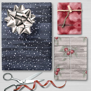 Feuille De Papier Cadeau Elégant Bleu Rouge Gris Snowy Berries Noël