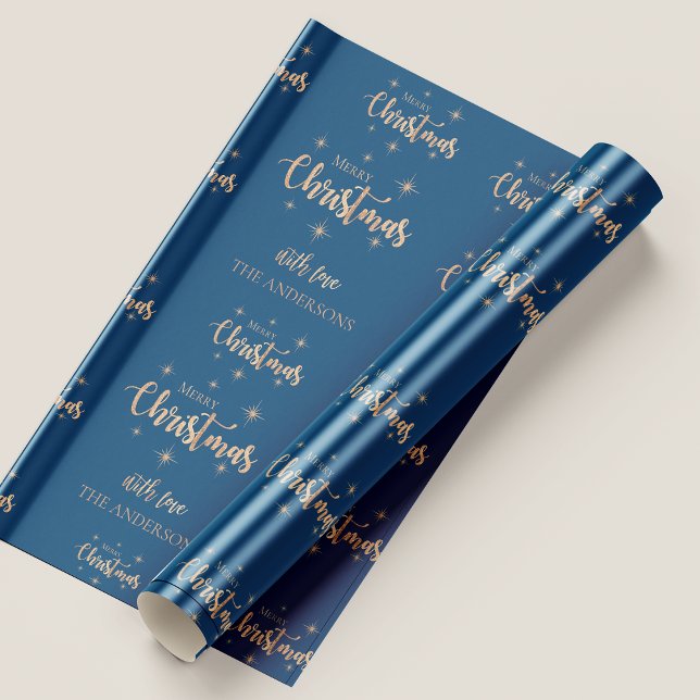 Feuille De Papier Cadeau Elégant Blue Gold Joyeux cadeau de Noël (Elegant Blue Gold Merry Christmas Quote Gift Wrapping Paper Sheets)
