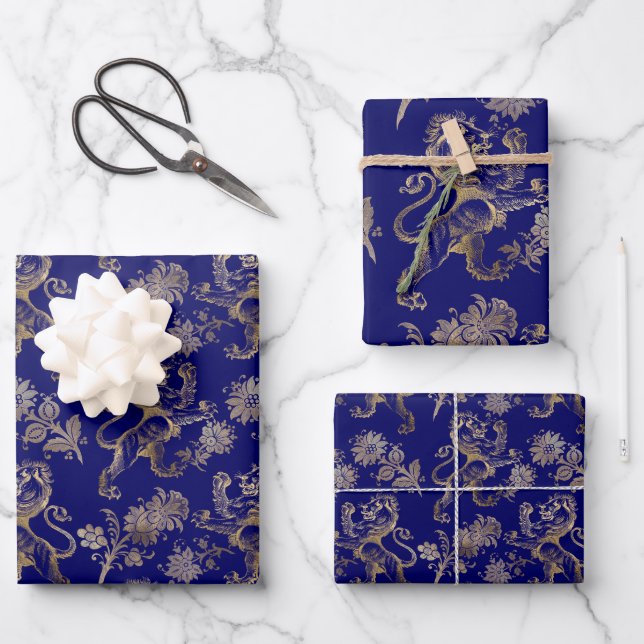 Feuille De Papier Cadeau Élégant Blue Gold Lion Floral (Recto)