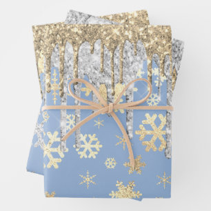 Feuille De Papier Cadeau Élégant Blue Gold Silver Snowflakes