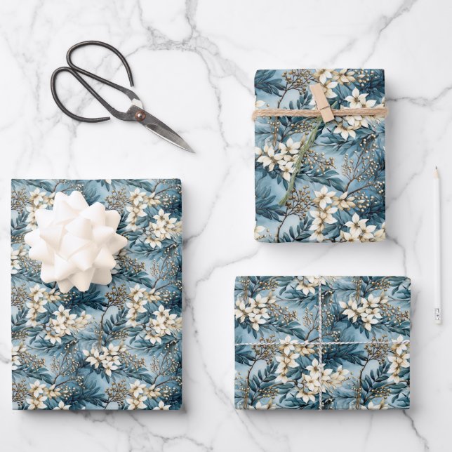 Feuille De Papier Cadeau Élégant boho bleu poussiéreux et ivoire fleurs d'h (Recto)