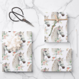 Feuille De Papier Cadeau Élégant Boho Cheval Blanc Floral