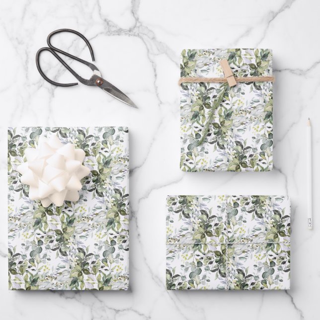 Feuille De Papier Cadeau Elégant botanique vert eucalyptus or géométrique (Recto)