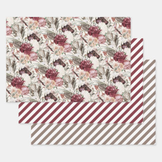 Feuille De Papier Cadeau Élégant Burgundy Crème Floral Rayure de Verdure