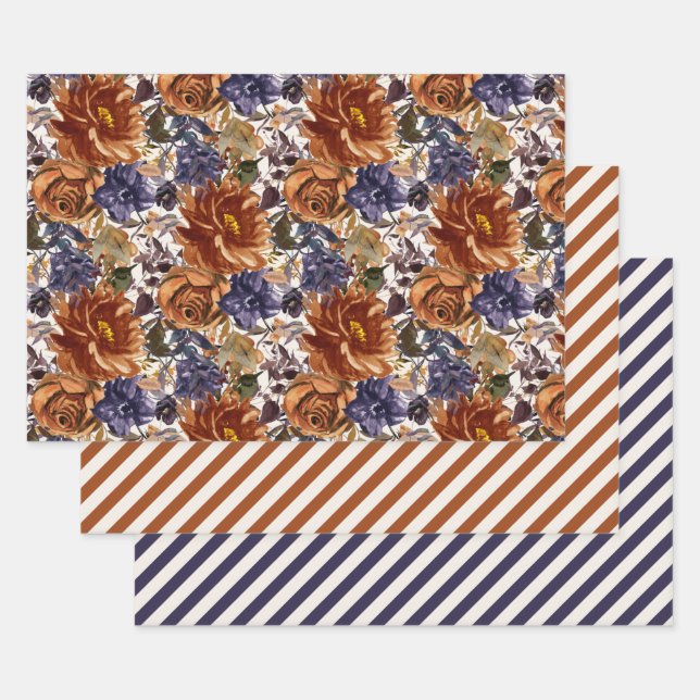 Feuille De Papier Cadeau Elégant Burnt Orange Marine Bleu Automne Floral Au (Lot)