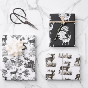 Feuille De Papier Cadeau Elégant cerf en toile blanche noire Vintage dans 