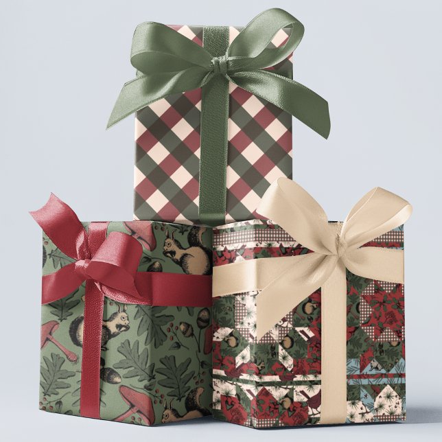 Feuille De Papier Cadeau Élégant chapelet d'animaux de la forêt de Noël (Modern Cottage Christmas Patchwork Design with Winter Forest Aniimals: Rabbit, Squirrel, Cardinal. )