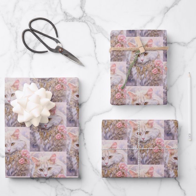 Feuille De Papier Cadeau Élégant chat blanc en Motif de bijoux (Recto)