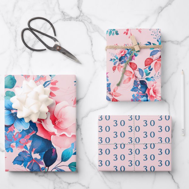 Feuille De Papier Cadeau Elégant Chic Aquarelle Floral 30e Anniversaire Blu (Recto)