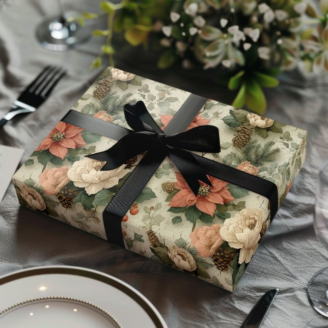 Feuille De Papier Cadeau Elegant Christmas Peach and Cream Floral Gift (Créateur téléchargé)
