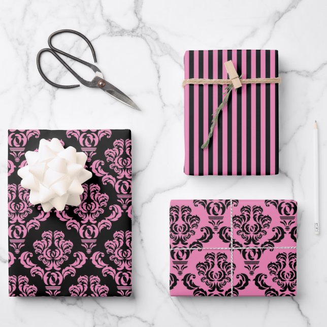 Feuille De Papier Cadeau Élégant Damas rose (Recto)