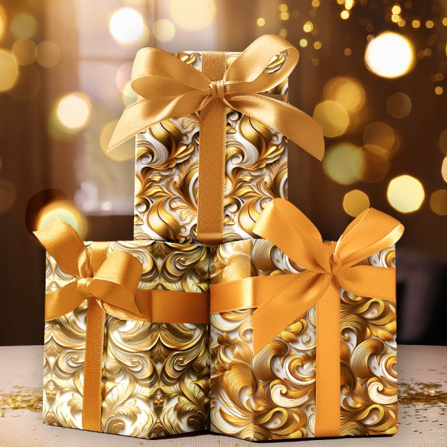 Feuille De Papier Cadeau Élégant Faux Gold Foil Abstrait | Mariage blanc (Elegant Abstract Faux Gold Foil and White Wedding Wrapping Paper Sheets Trio)