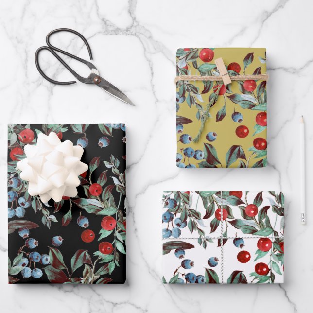 Feuille De Papier Cadeau Elégant Festif Aquarelle Rouge Bleu Berries (Recto)