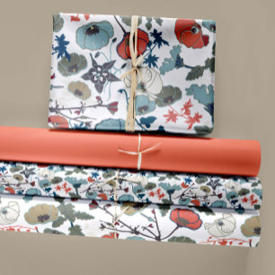 Feuille De Papier Cadeau Elégant Floral Bleu Orange Vert Fleurs