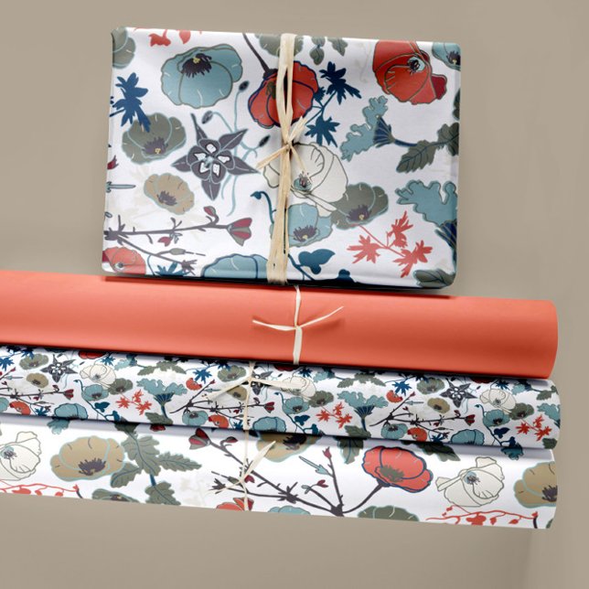 Feuille De Papier Cadeau Elégant Floral Bleu Orange Vert Fleurs (Elegant Floral Colorful Blue Orange Green trio Wrapping Paper Sheets from Studio Posies.)