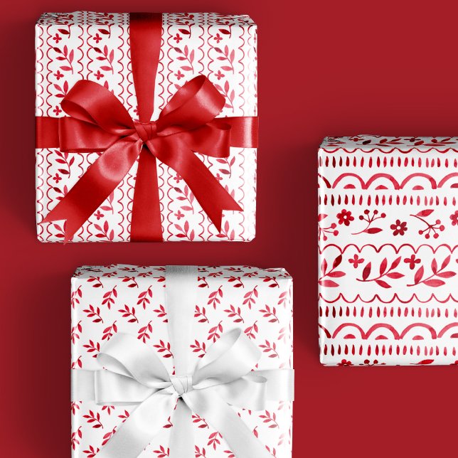 Feuille De Papier Cadeau Élégant Folk Botanique Rouge Aquarelle (Créateur téléchargé)